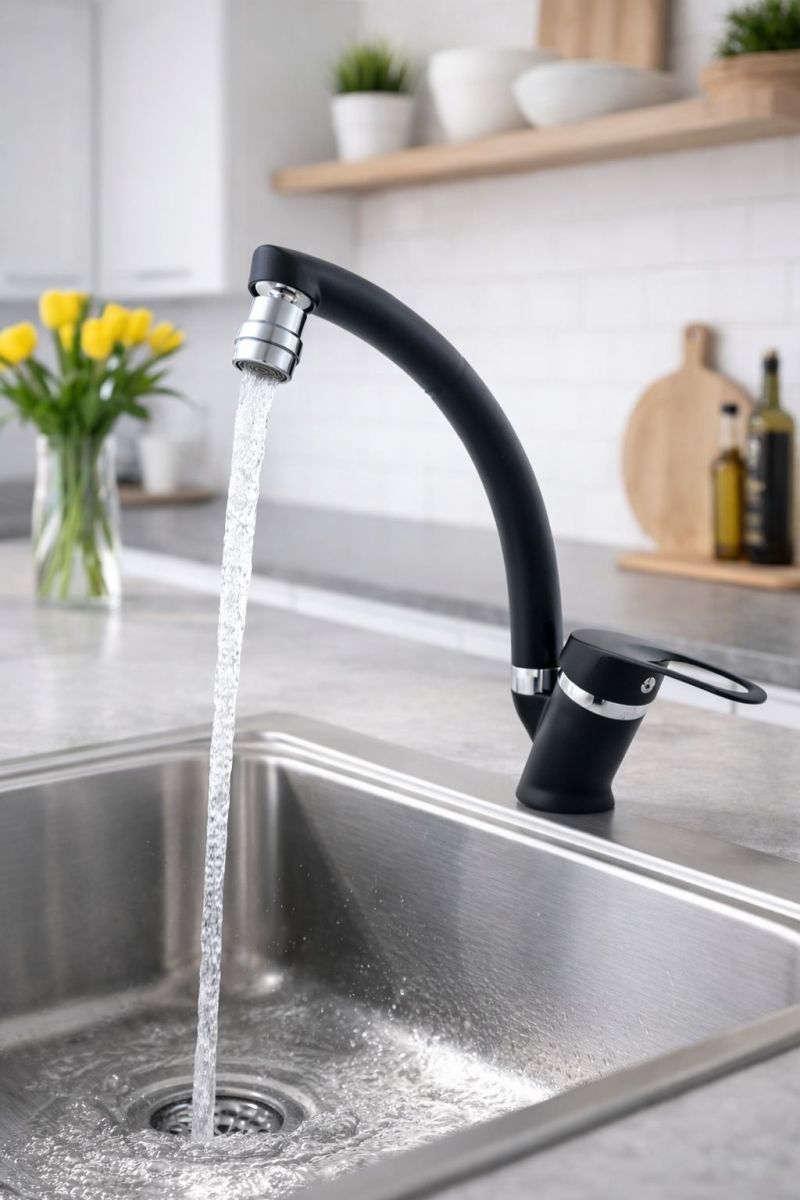 Siyah Krom 360 Derece Oynar Başlıklı Mutfak-Lavabo Bataryası