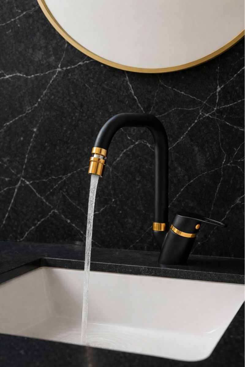 Siyah Gold 360 Derece Oynar Başlıklı Mutfak-Lavabo Bataryası Köşe Borulu