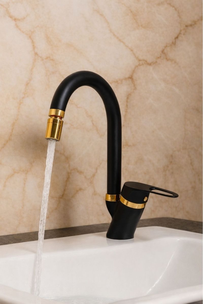 Siyah Gold 360 Derece Oynar Başlıklı Mutfak-Lavabo Bataryası Baston Borulu