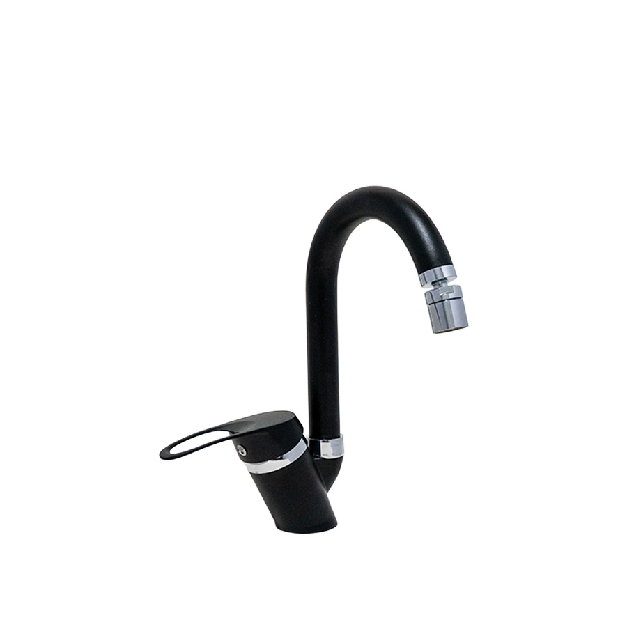 Siyah Krom 360 Derece Oynar Başlıklı Mutfak-Lavabo Bataryası Baston Borulu