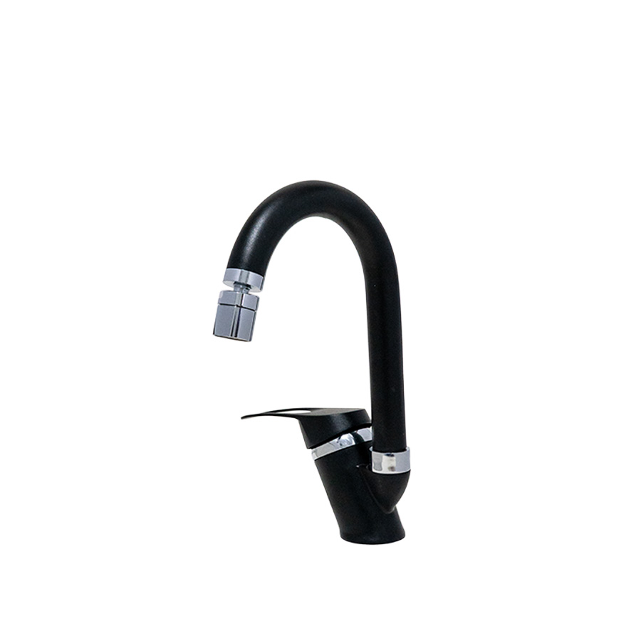 Siyah Krom 360 Derece Oynar Başlıklı Mutfak-Lavabo Bataryası Baston Borulu