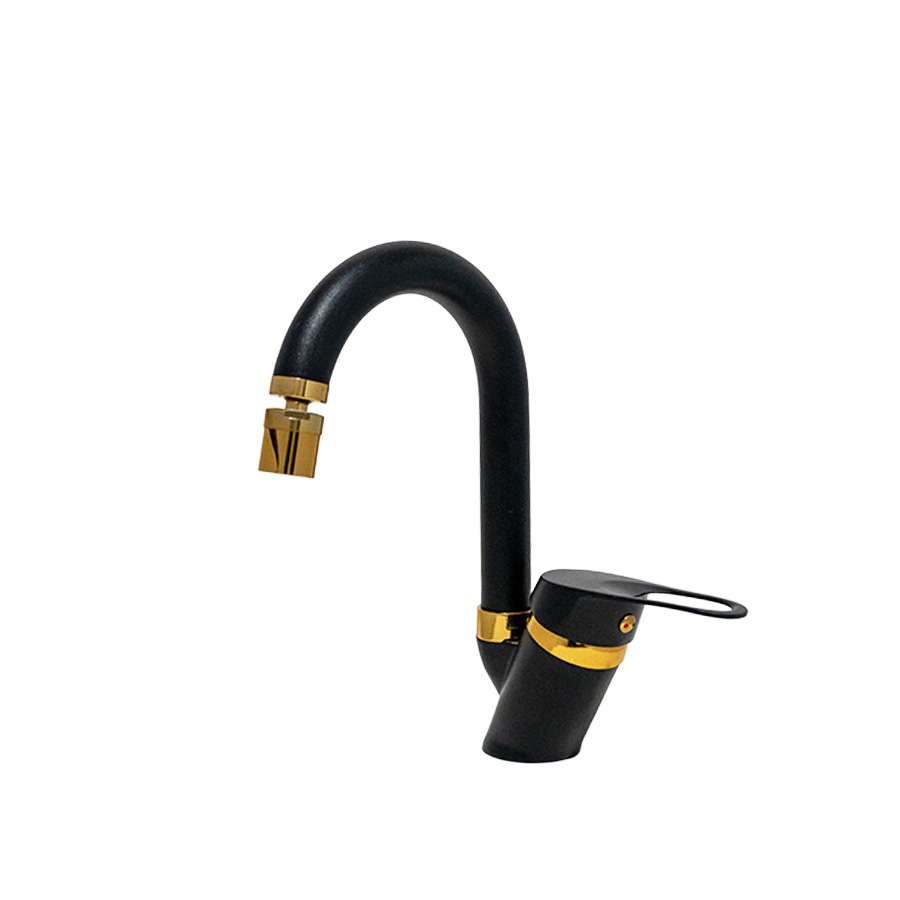 Siyah Gold 360 Derece Oynar Başlıklı Mutfak-Lavabo Bataryası Baston Borulu