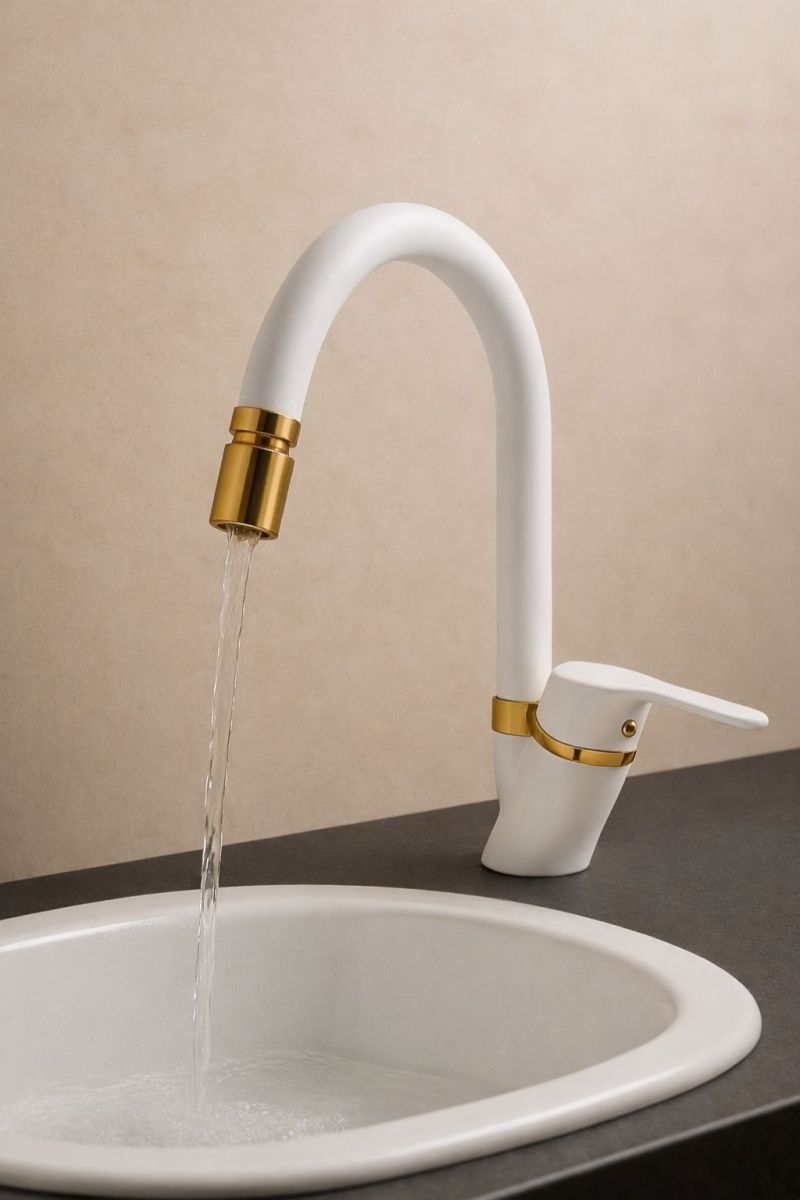 Beyaz Gold 360 Derece Oynar Başlıklı Mutfak-Lavabo Bataryası Baston Borulu