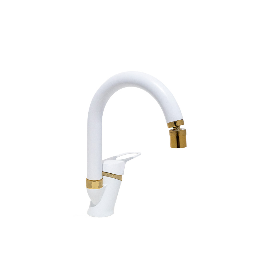 Beyaz Gold 360 Derece Oynar Başlıklı Mutfak-Lavabo Bataryası Baston Borulu