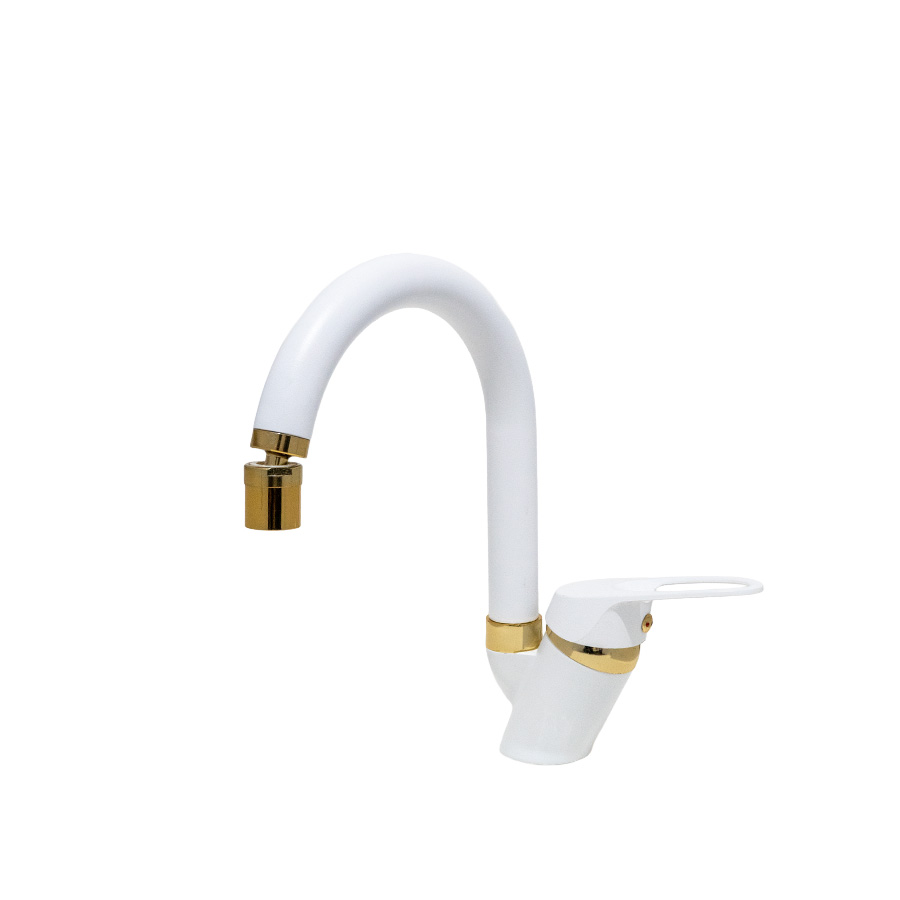 Beyaz Gold 360 Derece Oynar Başlıklı Mutfak-Lavabo Bataryası Baston Borulu